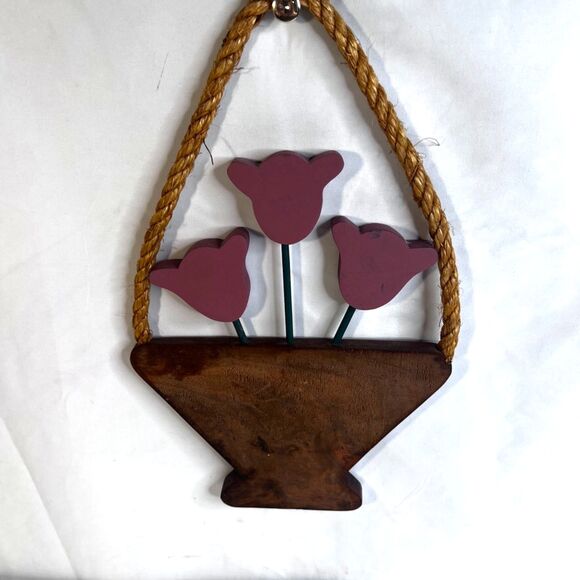 Boho Cottage Core Wooden Flower Basket Rope Handle Wall Decor Farmhouse Rustic - Picture 2 of 10